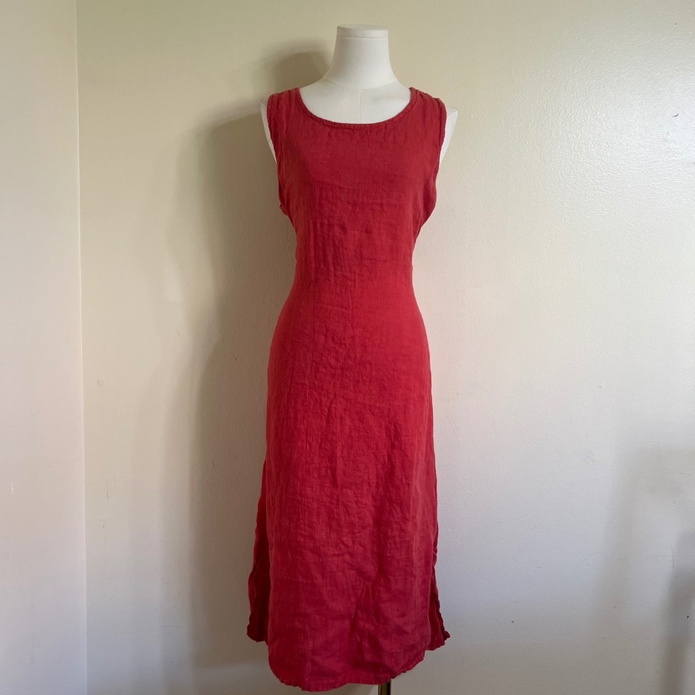Lungo L'Arno Red 100% Linen Midi Dress Made in Italy Sleeveless Tie Back Size M